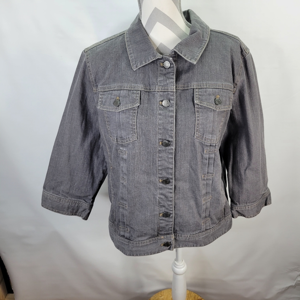 J Jill Gray Jean Denim Cropped Jacket 3/4 Sleeve Cotton Spandex Size Large